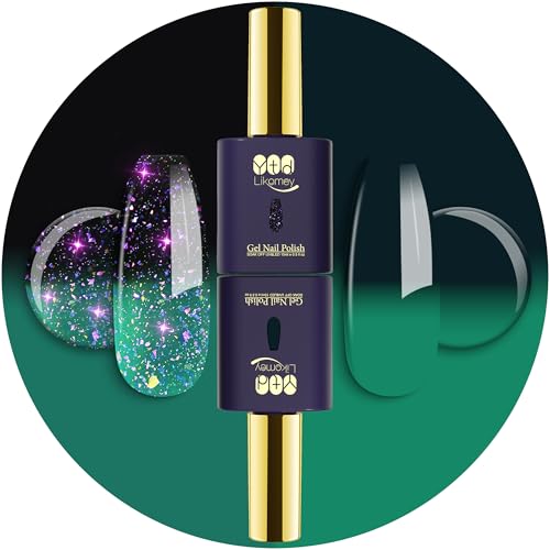 YTD Likomey UV Nagellack Set,2 Pcs 15ml Farbwechsel Thermo Farbgel Reine Farbe und Glitter,Chamäleon Shellac Color Change Nagelgel Farbmischung UV LED Gellack-Grün bis Dunkelgrün von YTD Likomey