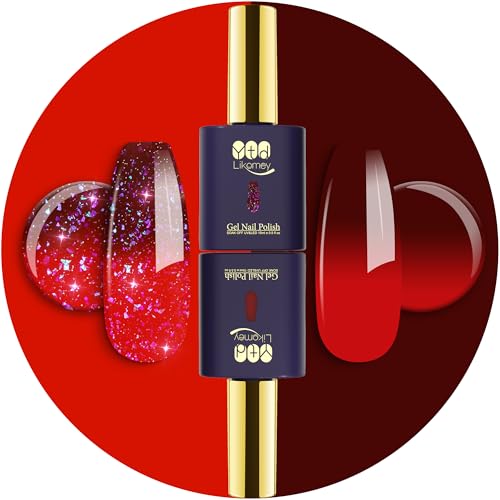 YTD Likomey UV Nagellack Set,2 Pcs 15ml Farbwechsel Thermo Farbgel Reine Farbe und Glitter,Chamäleon Shellac Color Change Nagelgel Farbmischung UV LED Gellack-Rot bis Braun von YTD Likomey