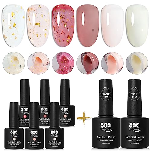 YTD Likomey UV Nagellack Set,6 Farben Transluzent Natur Blattgol Rosa Milchig Weiß mit Base und Top Coat Kit,Farbgel für Gelnägel Maniküre Jelly Gel Nail Polish,8 Pcs 7.5 ml von YTD Likomey