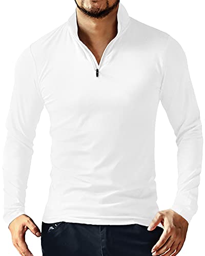 YTD Herren Langarm-Polo-Shirts mit Viertelreißverschluss, leger, schmale Passform, Stehkragen, Basic-Design aus Baumwolle, Langarm Weiß, XX-Large von YTD