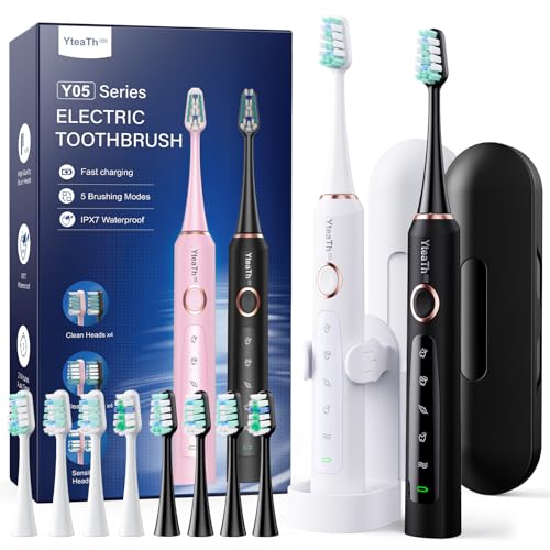 2 Stück Elektrische Zahnbürste Schallzahnbürste für Erwachsene und Kinder - Electric Toothbrush mit 8 Bürstenköpfen und 5 Modi. 90 Tagen Akkulaufzeit, 2 Minuten Smart Timer, Reiseetui von YTEATH PRO