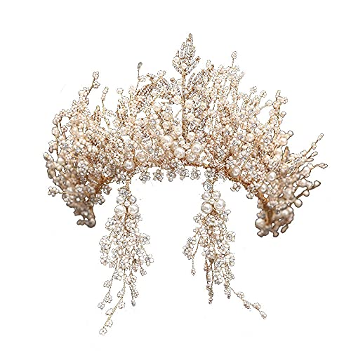 Haarschmuck Für Frauen Handgemachte Gold Strass Perle Tiara Krone Vintage Blatt Zweig Kopfschmuck Braut Hochzeit Dressing von YTGLQAZ