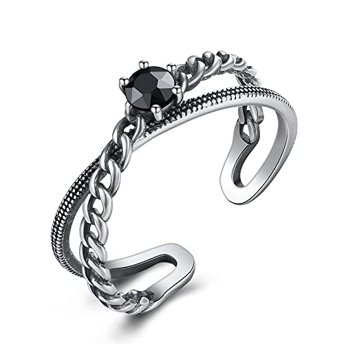 YTGLQAZ Ringe für Damen Damen Verstellbare Offene Ringe - Damen Distressed Double Layer Ring - S925 Geflochtene Hanfseil-Manschette Offener Fingerring,Schwarz 3A Zirkon Stapelbarer Gelenkring,Mä von YTGLQAZ