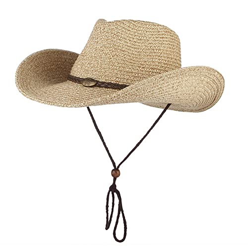 Strand Sonne Strohhut Western Cowboyhut Wind Lanyard für Männer Frauen Hut mit breiter Krempe Panama Angeln Fischermütze Sommerhüte 56-58 cm Kaffee von YTGLQAZ