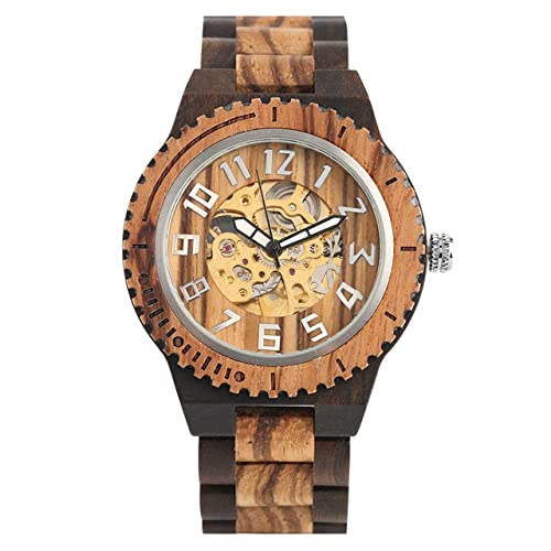 Taschenuhr Mit Kette Holzuhr Herrenuhr Schwarz Ebenholz Holz Mechanische Uhr Automatik-Selbstaufzug Arabische Zahlen Zifferblatt Armbanduhren Für Jungen,Dampf (Farbe : Schwarz Braun 1) von YTGLQAZ