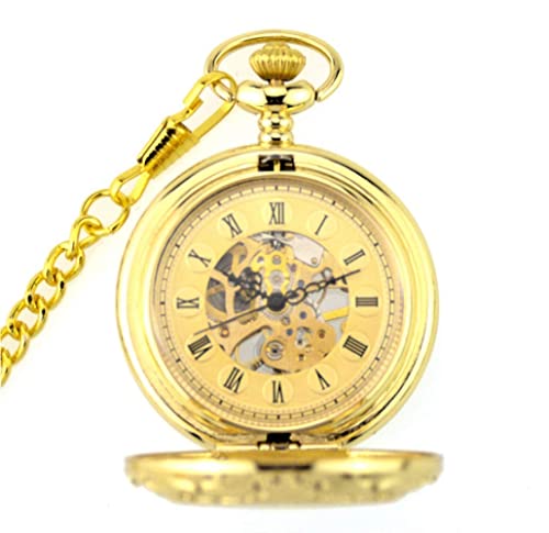 Taschenuhr Mit Kette Taschenuhr, Goldene Mechanische Taschenuhren Römische Ziffern Gold Handaufzug Herren Damen Kette Halskette Geschenk,Dampf (Color : Gold) von YTGLQAZ