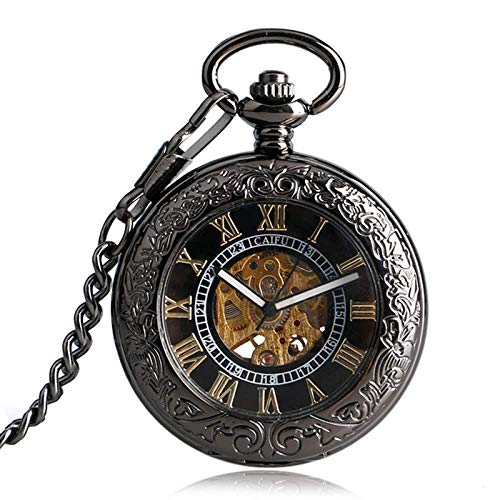 Taschenuhr Mit Kette  Taschenuhr, Mechanische Herren Carving Transparente Glasabdeckung Winding Mode Automatische Exquisite Uhr Geschenk,Dampf (Farbe : Schwarz) von YTGLQAZ