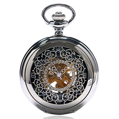 Taschenuhr Mit Kette Taschenuhr, Mode Silber Stahl Mechanisch Herren Damen Halskette Uhr Geschenk Vintage Hohle Taschenuhr,Dampf (Color : Silver) von YTGLQAZ