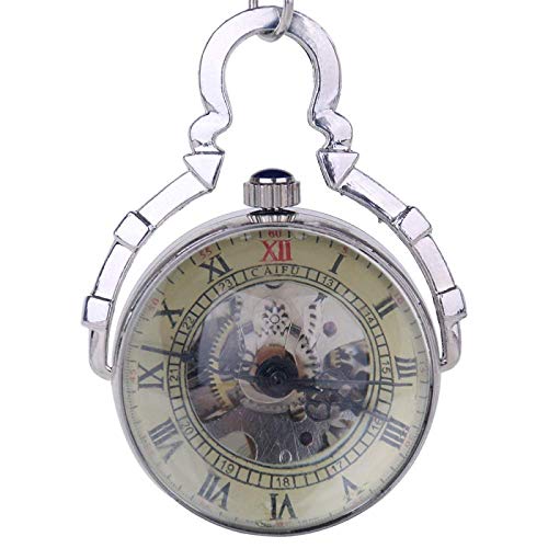 Taschenuhr Mit Kette  Taschenuhr, Skelett Vintage Römische Halskette Herren Automatische Mechanische Runde Kugel Taschenuhr, Dampf (Farbe : Silber) von YTGLQAZ