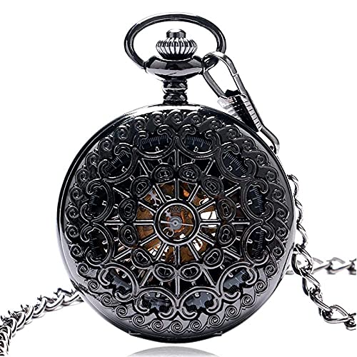 Taschenuhr Mit Kette  Taschenuhr, Spinnennetz Hohlstahl Schwarz Mechanisch Vintage Herren Damen Handkette Schmuck Uhr Mit Kette Geschenk,Dampf (Color : Black) von YTGLQAZ