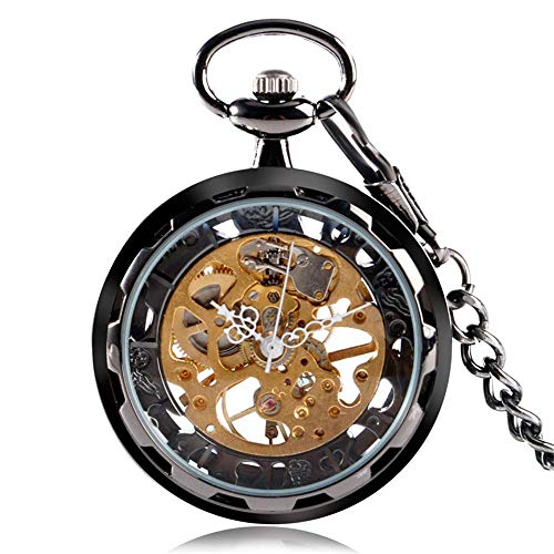 Taschenuhr Mit Kette Taschenuhr, Uhr Für Herren Damen Handaufzug Mechanische Taschenuhren Silber Gold Bronze Schwarz Anhänger Mit Chian,Dampf (Farbe : Schwarz) von YTGLQAZ