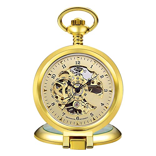 Taschenuhr Taschenuhr Mit Kette Edelstahl Herren Mode Casual Skeleton Zifferblatt Silber Handaufzug Mechanische Männliche Fob Kette Uhren von YTGLQAZ