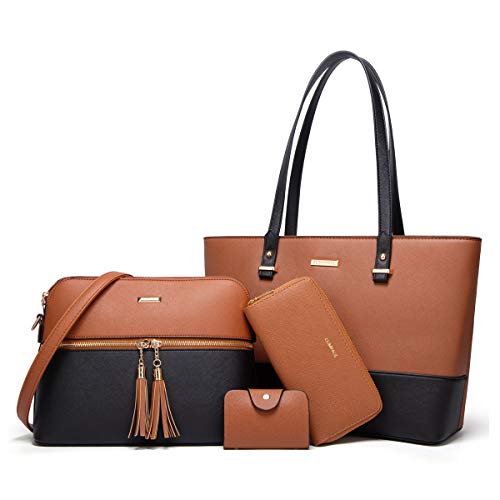 YTL Damen Handtasche Tote Shopper Groß Schultertasche Umhängetasche Geldbörse Kartenhalter Tasche 4-teiliges Set für Büro Schule Einkauf Reise Geschenk Braun schwarz von YTL