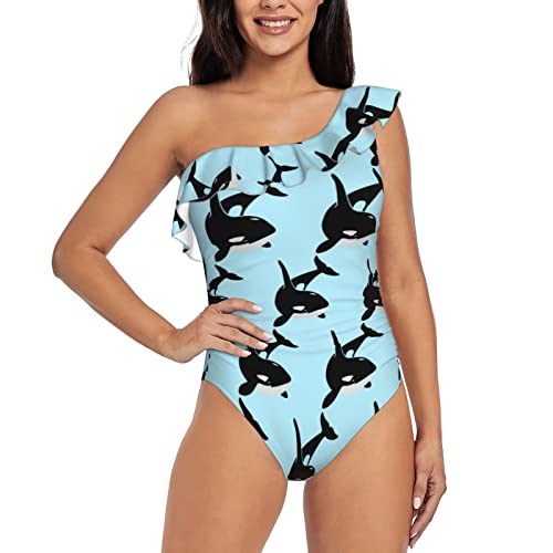 Killer Whale Delphin Ocean V Ausschnitt Rüschen Einteiler Badeanzug Damen Print Sexy Badeanzug Krawatte Bademode, Killerwal, Delfin, Ozean, XL von YTORA