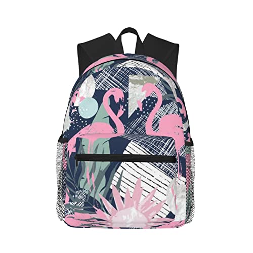 YTORA Rosa Flamingo und Blätter, doppellagig, leicht, modisch, lässiger Laptop-Rucksack für Damen und Herren, Reiserucksack, Schwarz, Einheitsgröße von YTORA