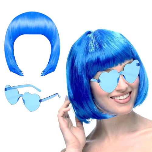 Blaues Perücken-Set, blaue Bob-Perücke für Damen, hellblaue Perücke mit Herz-Sonnenbrille, perfekt für Rollenspiele, Junggesellinnenabschiede, Halloween und Neon-Themenveranstaltungen von YTPAFK