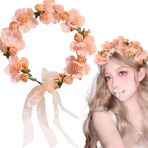 Blumenkrone, Blumenstirnband, Blumen-Haarschmuck für Mädchen, Frauen, Brautjungfern und Bräute, perfekt für Hochzeiten, Partys, Festivals, Strandveranstaltungen und böhmische Versammlungen, Orange von YTPAFK