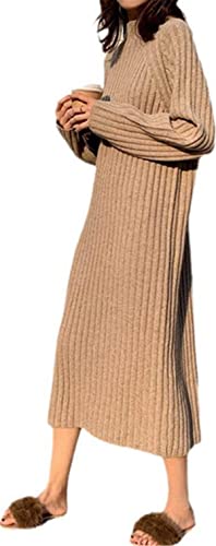 YTR6RTW Damen Basic Langes Pulloverkleid Hoher Ausschnitt Elegant Einfarbig Slip Slim Strickkleider Pullover, khaki, Einheitsgröße von YTR6RTW