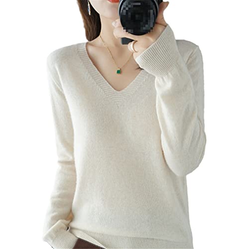 YTR6RTW Herbst Winter Pullover Frauen halten warm V-Ausschnitt Pullover Strickpullover Langarm Lose Tops, beige, XXX-Large von YTR6RTW