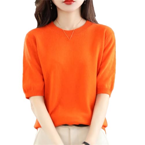 YTR6TW Damen Frühling Herbst Rundhals Kurzarm Strickpullover Sommer Damen Halbarm Dünner Pullover T-Shirt, Orange, L von YTR6TW