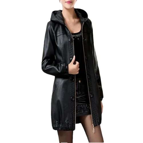 YTR6TW Damen Herbst Winter Kunstledermantel Mittelalter Frauen Mittellang Lose Kapuze Leder Windbreaker Jacke, Schwarz , S von YTR6TW
