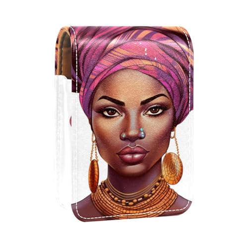 Lippenstiftetui,Lipgloss Lippenstift Organizer aus Leder mit Spiegel,Mini Lippenstifthaltertasche,Afroamerikanerfrauen ethnisches Mädchen von YTYVAGT