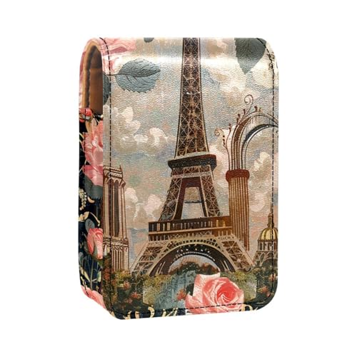 Lippenstiftetui,Lipgloss Lippenstift Organizer aus Leder mit Spiegel,Mini Lippenstifthaltertasche,Eiffel TowerParis Postkarte von YTYVAGT