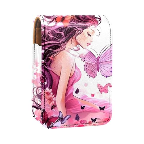 Lippenstiftetui,Lipgloss Lippenstift Organizer aus Leder mit Spiegel,Mini Lippenstifthaltertasche,Schmetterlings-Elf-Dschungel-Mädchen von YTYVAGT