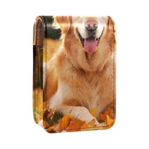 Reise Lippenstift Organizer Etui,Lippenstift Etui,tragbare Make up Tasche mit Spiegel,Golden Retriever Blätter im Herbst von YTYVAGT