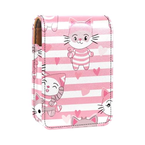 Reise Lippenstift Organizer Etui,Lippenstift Etui,tragbare Make up Tasche mit Spiegel,cartoom Katze rosa Linien von YTYVAGT