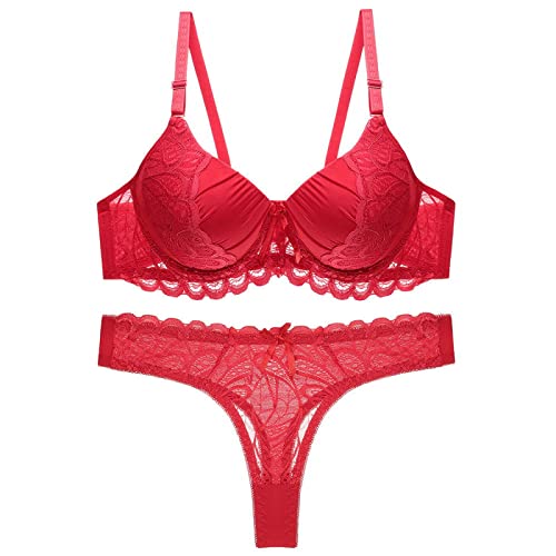 Tanga Damen BH Set aushöhlen Unterwäsche Panty Set Push Up Solid Lace BH Slip Sets Intimates,rot,85C von YUANCHENG