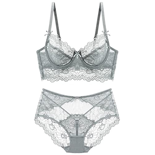 YUANCHENG Dünnes BH-Set aus Spitze, verstellbare Unterwäsche ohne Schwamm, ultradünnes Damen-Dessous-Set,grau,75C von YUANCHENG