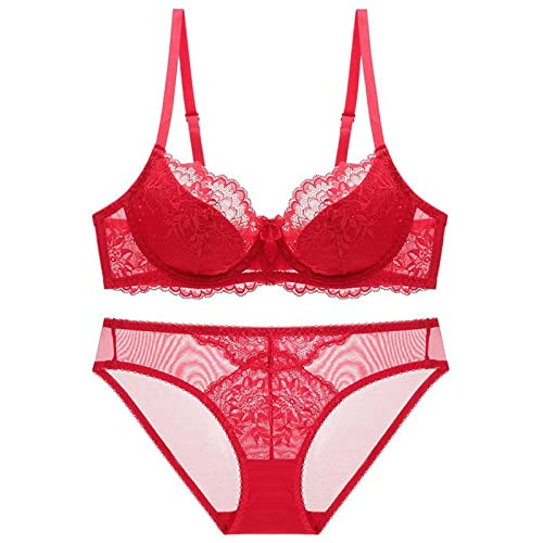 YUANCHENG Plus Size Blumen-BH und Slip-Sets für Frauen, Stickerei, Spitze, Dessous, dünner Push-Up-Büstenhalter,rot,95C mit XXL-Höschen von YUANCHENG