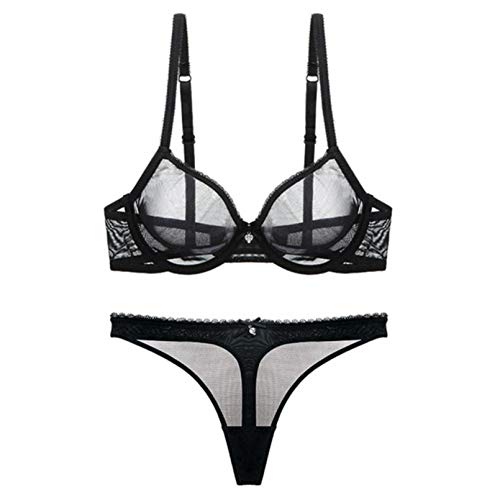 YUANCHNG Frauen Durchsichtige Spitze Push Up Transparenter Alltags-BH und Höschen Tanga Open BH Black2 95E von YUANCHNG