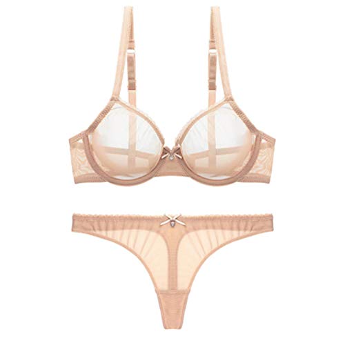 YUANCHNG Frauen durchsichtige Spitze Push Up Transparente Alltags-BH und Slip Tanga Open BH Beige2 90E von YUANCHNG