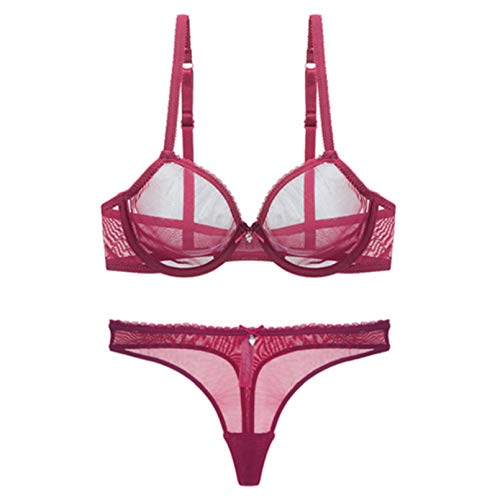 YUANCHNG Frauen durchsichtige Spitze Push Up transparente Alltags-BH und Höschen Tanga Open BH Wine Red2 95C von YUANCHNG