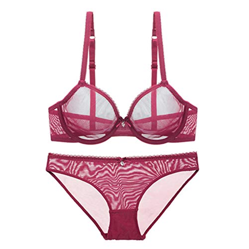 YUANCHNG Frauen durchsichtige Spitze Push Up transparente Alltags-BH und Slip Tanga Open BH Wine Red 95C von YUANCHNG