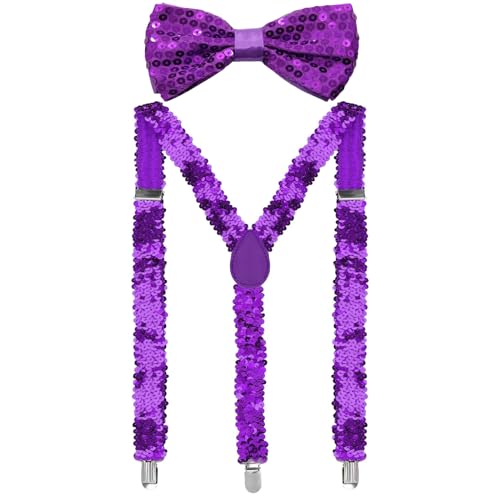 YUANHUYUOU Pailletten-Fliege-Anzug, Pailletten-Fliege und Hosenträger-Set, Cosplay-Mardi-Gras-Konzerte (Violett) von YUANHUYUOU