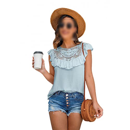 YUANLI Damen-Sommer-Rundhals-Spitze-Nähweste Mit Rüschen Aus Chiffon-Shirt,hellblau-XL YUANLI Damen-Sommer-Rundhals-Spitze-Nähweste Mit Rüschen Aus Chiffon-Shirt,hellblau-XL von YUANLI