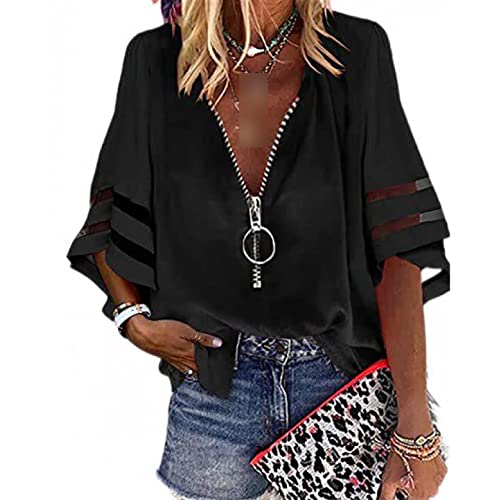 YUANLI Damenhemd Mit V-Ausschnitt, Reißverschluss Und Halb Ausgestellten Ärmeln, Lockeres Freizeithemd Mit Netznähten,Schwarz-S YUANLI Damenhemd Mit V-Ausschnitt, Reißverschluss Und Halb Ausgestellten Ärmeln, Lockeres Freizeithemd Mit Netznähten,Schwarz-S von YUANLI