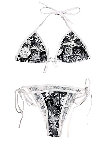 YUANMO Ahegao Gesicht String Bikini Lolita Japanische Manga Sexy Dessous Anime BH und String Set (Grau, One Size) von YUANMO