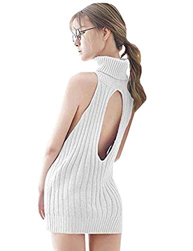 YUANMO Damen Pullover ärmellose Rückenfrei Turtleneck Open Back Sweater Backless Jumpsuit Strickpullover von YUANMO