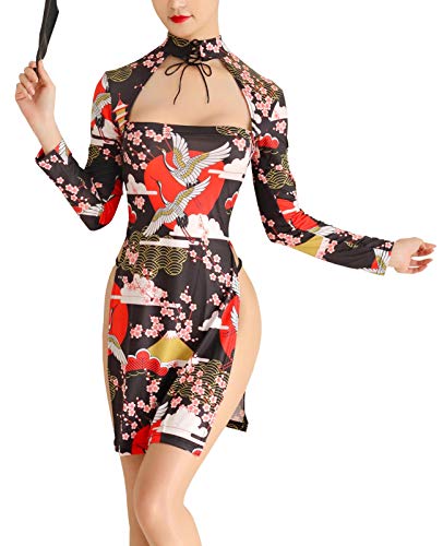 YUANMO Women's Lingerie Comfortable Nightshirt Uniform Temptation Long Sleeve Mini Cheongsam Sleepwear (Floral Black, One Size) von YUANMO