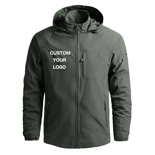 YUANOU Passen Sie Ihr Logo/Ihren Text An Herrenjacke wasserdichte Kapuze Windjacke mit Reißverschluss Jacke Mantel Herbst Winter Warme Jacke Army Green,L von YUANOU
