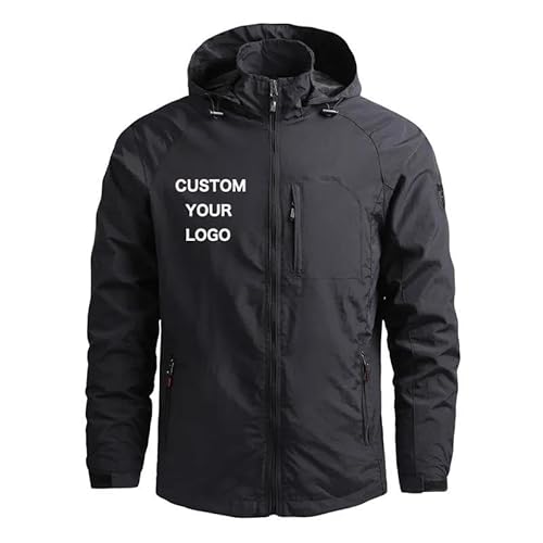 YUANOU Passen Sie Ihr Logo/Ihren Text An Herrenjacke wasserdichte Kapuze Windjacke mit Reißverschluss Jacke Mantel Herbst Winter Warme Jacke Black,XL von YUANOU