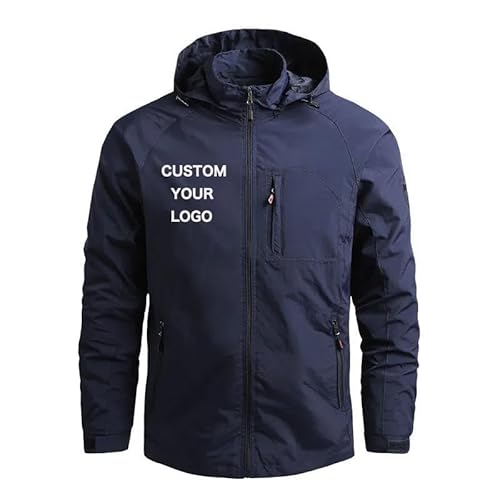 YUANOU Passen Sie Ihr Logo/Ihren Text An Herrenjacke wasserdichte Kapuze Windjacke mit Reißverschluss Jacke Mantel Herbst Winter Warme Jacke Dark Blue,XL von YUANOU