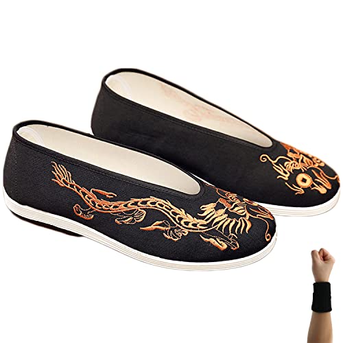 YUANSOME Bestickte Schuhe Tai Chi Schuhe Kung Fu Gestickte Sports Hausschuhe Klassisch Lässig Kampfsport Sportschuhe Martial Arts Schuhe Chinesische Traditionelle Pantoffeln Unisex Schwarz Gold (38) von YUANSOME