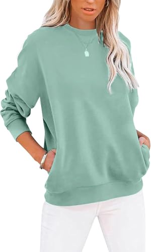 YUANXIAO Sweatshirt Damen Pullover Herbst Winter Rundhals Sweater Farbblock Pulli Langarmshirt Baumwolle Elegant Langarm Oberteile mit Taschen (Grün, M) von YUANXIAO