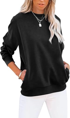 YUANXIAO Sweatshirt Damen Pullover Herbst Winter Rundhals Sweater Farbblock Pulli Langarmshirt Baumwolle Elegant Langarm Oberteile mit Taschen (Schwarz, XXL) von YUANXIAO