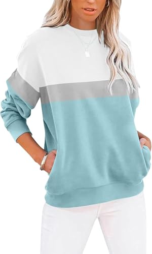 YUANXIAO Sweatshirt Damen Pullover Herbst Winter Rundhals Sweater Farbblock Pulli Langarmshirt Baumwolle Elegant Langarm Oberteile mit Taschen (W-Blau, M) von YUANXIAO